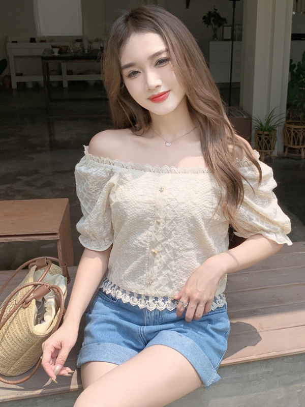 Square collar puff sleeve tops short lace shirts for women