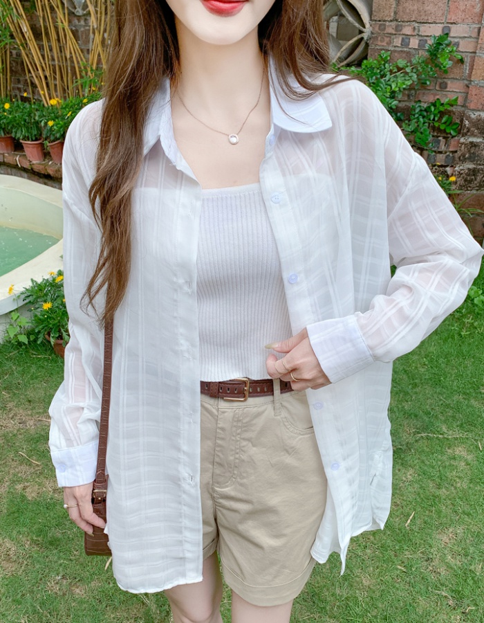 White long France style sun shirt plaid long sleeve shirt