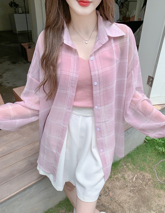 Loose sunscreen breathable summer plaid long thin shirt