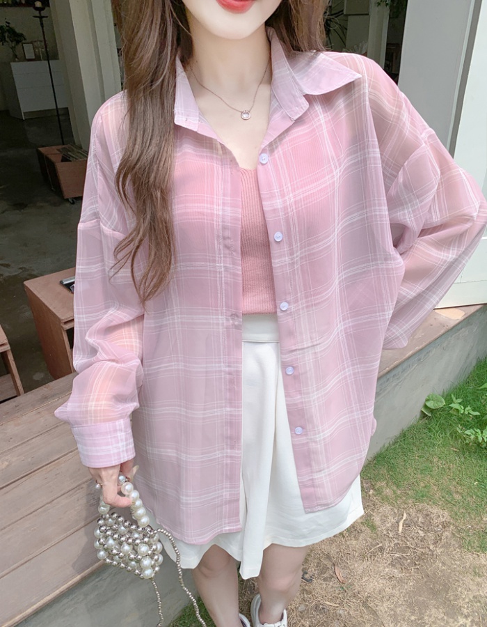 Loose sunscreen breathable summer plaid long thin shirt