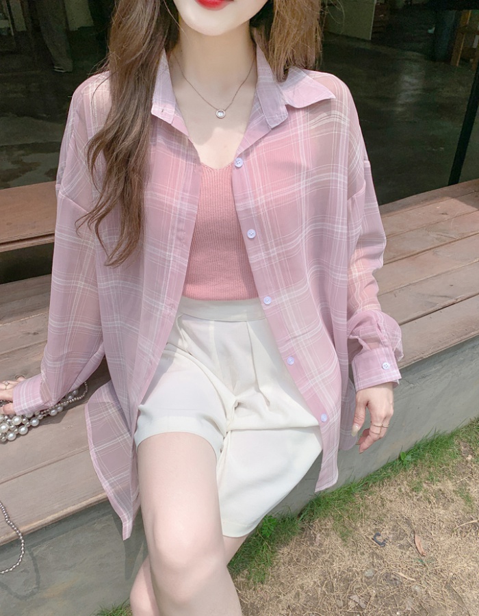 Loose sunscreen breathable summer plaid long thin shirt