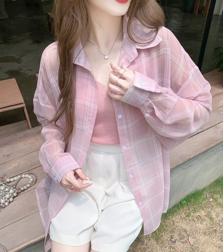 Loose sunscreen breathable summer plaid long thin shirt