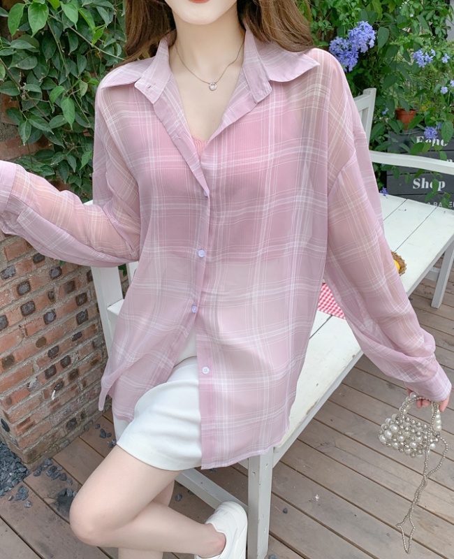 Loose sunscreen breathable summer plaid long thin shirt