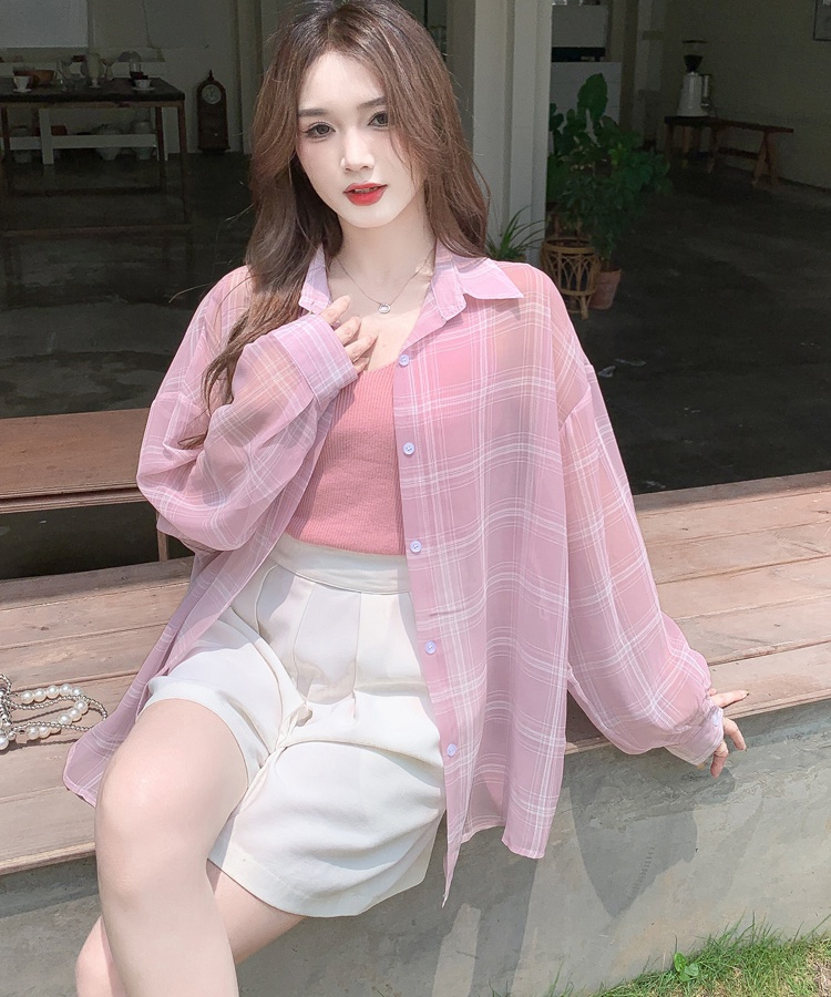 Loose sunscreen breathable summer plaid long thin shirt