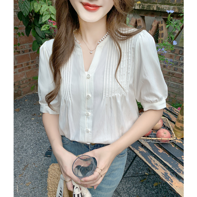 Summer white V-neck tops puff sleeve short sleeve shirt