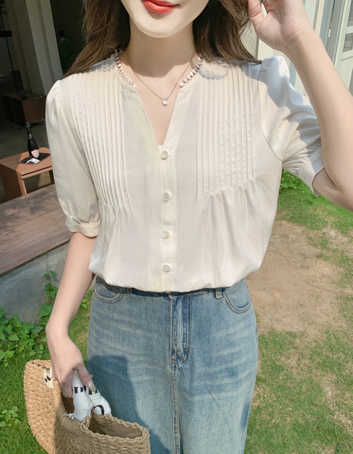 Summer white V-neck tops puff sleeve short sleeve shirt