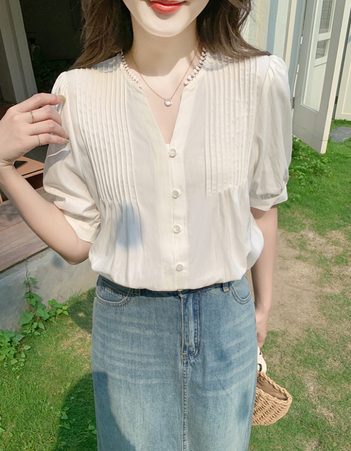 Summer white V-neck tops puff sleeve short sleeve shirt