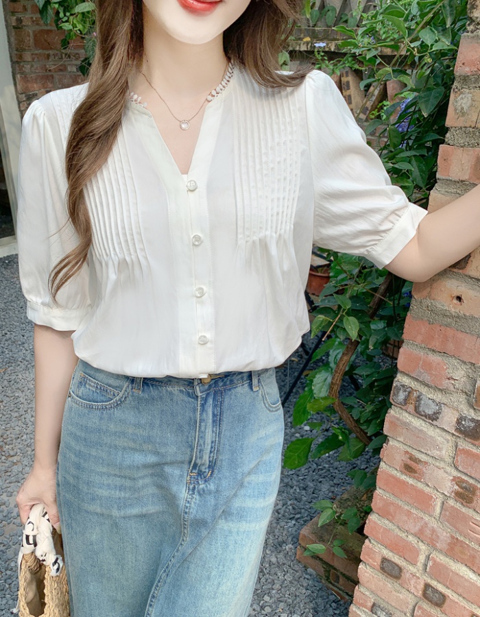 Summer white V-neck tops puff sleeve short sleeve shirt