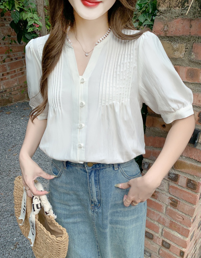 Summer white V-neck tops puff sleeve short sleeve shirt