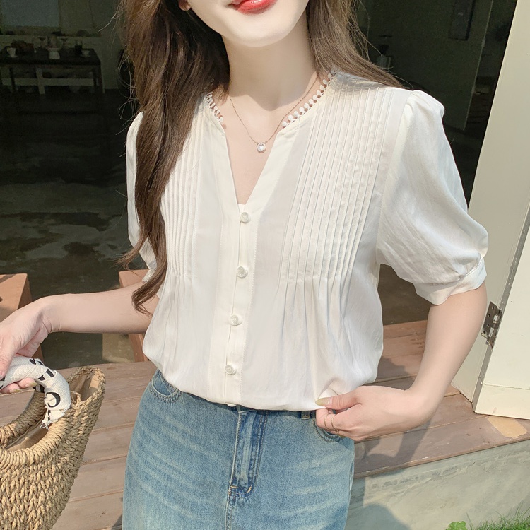 Summer white V-neck tops puff sleeve short sleeve shirt