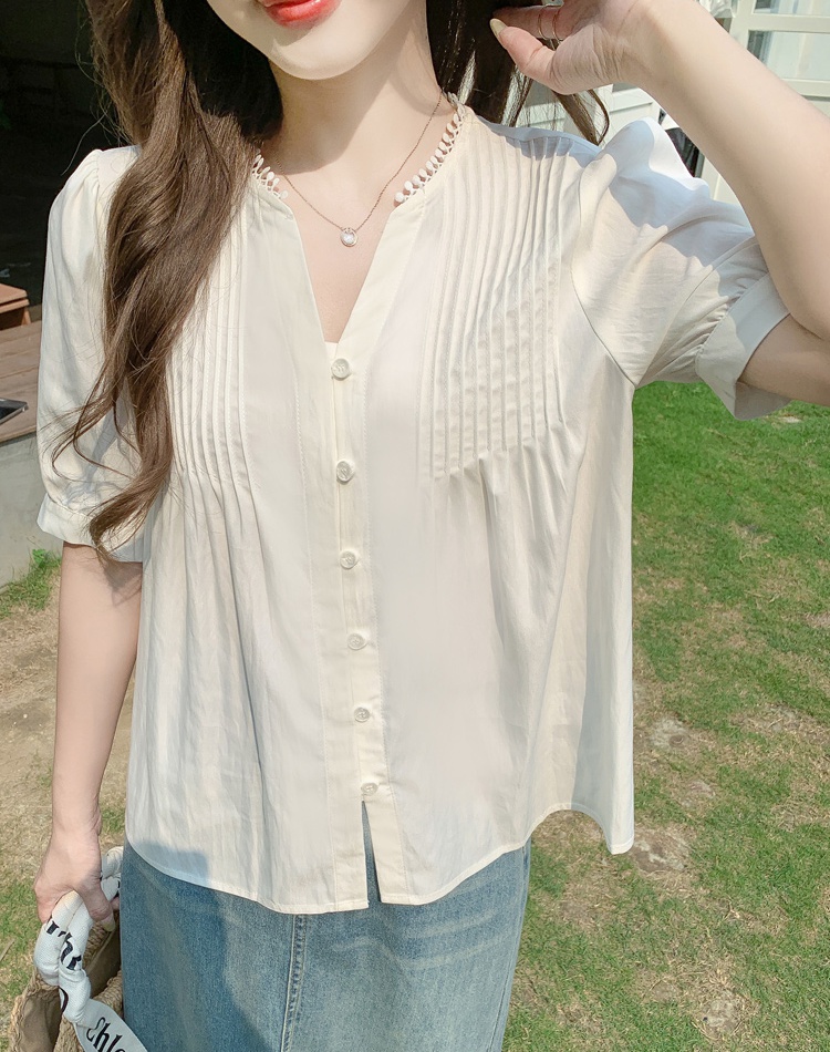 Summer white V-neck tops puff sleeve short sleeve shirt