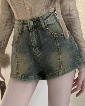 Washed rivet shorts high waist retro short jeans for women