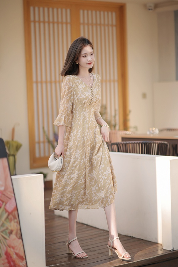 Slim summer floral cherry tender pinched waist dress