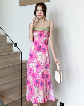 Chinese style slim splice sling high waist dress