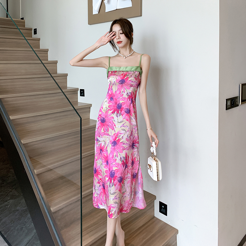 Chinese style slim splice sling high waist dress