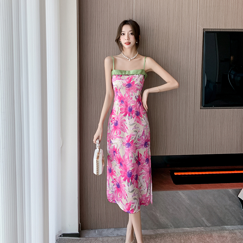 Chinese style slim splice sling high waist dress