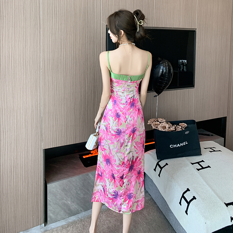 Chinese style slim splice sling high waist dress