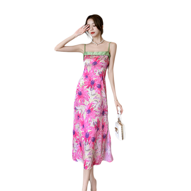 Chinese style slim splice sling high waist dress