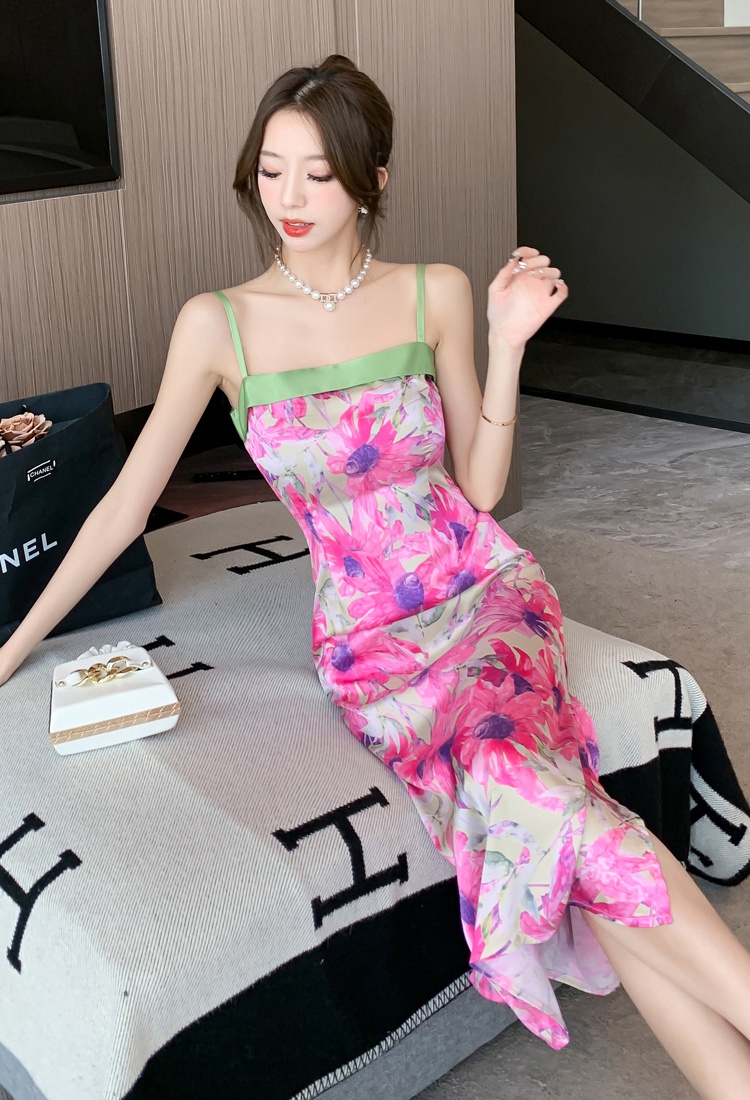 Chinese style slim splice sling high waist dress