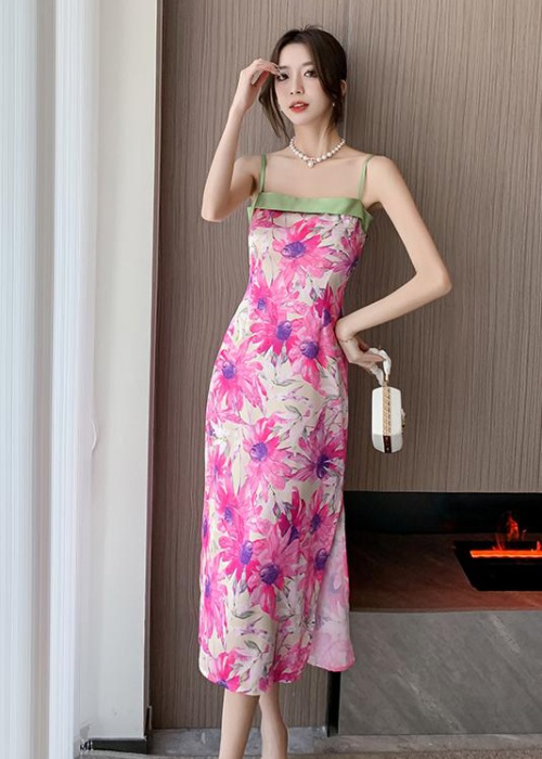 Chinese style slim splice sling high waist dress