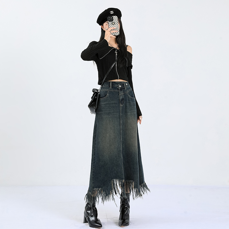 Denim A-line large yard retro split long skirt for women