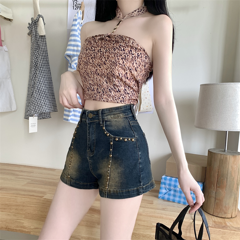 Retro washed short jeans spicegirl high waist shorts for women