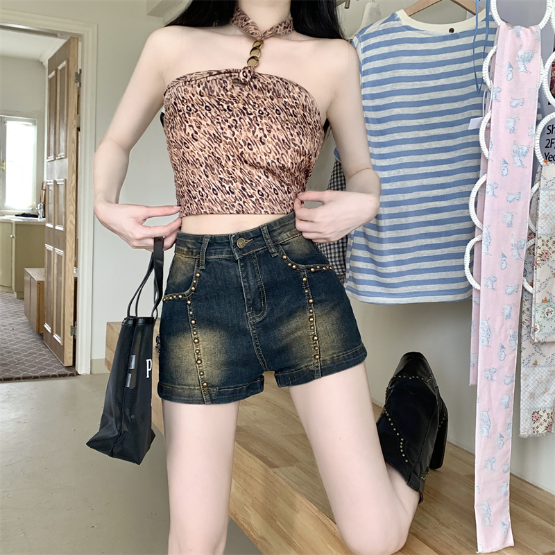 Retro washed short jeans spicegirl high waist shorts for women