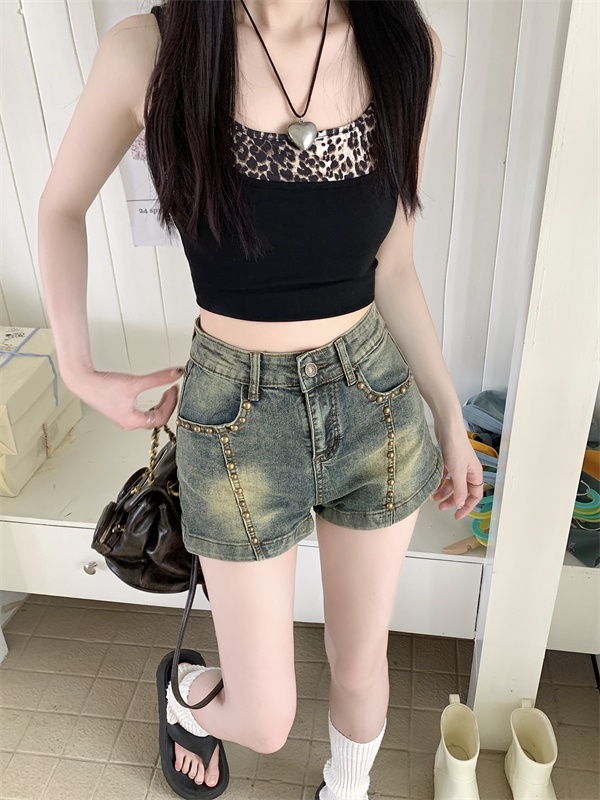 Retro washed short jeans spicegirl high waist shorts for women