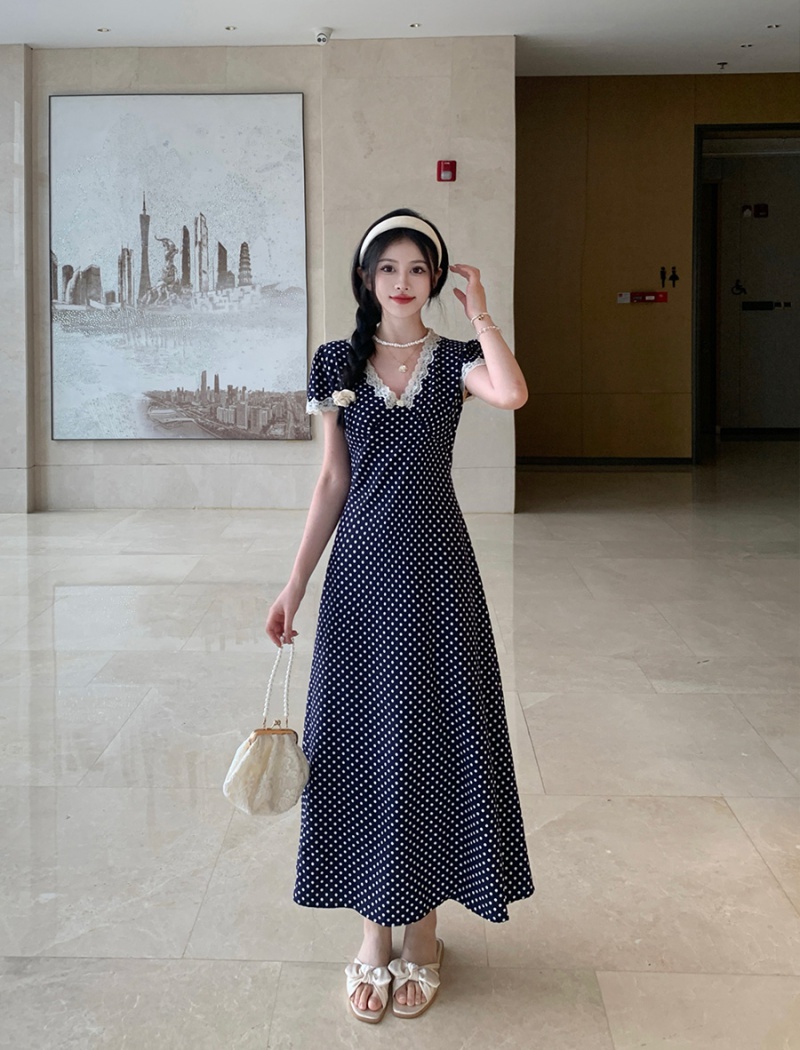 Lace printing long dress V-neck polka dot dress for women