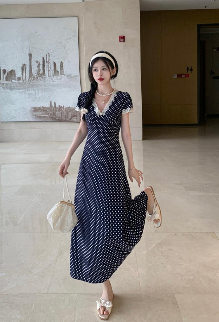 Lace printing long dress V-neck polka dot dress for women