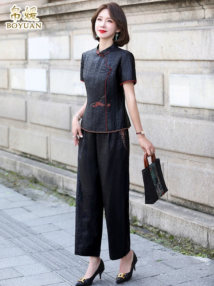 Chinese style wide leg pants silk shirt 2pcs set for women
