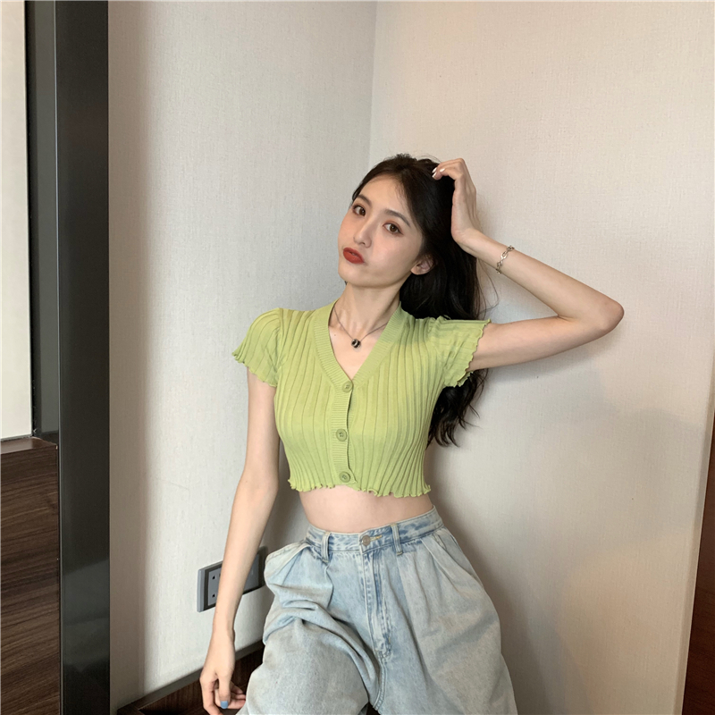 Short sleeve all-match tops wood ear Korean style sweater