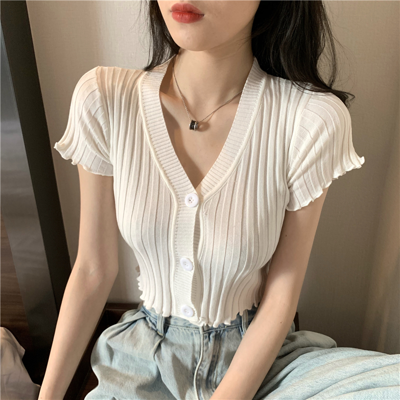 Short sleeve all-match tops wood ear Korean style sweater