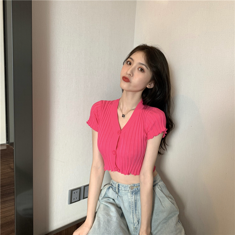 Short sleeve all-match tops wood ear Korean style sweater