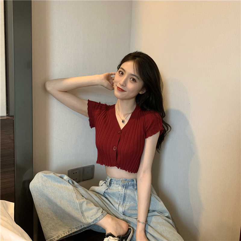 Short sleeve all-match tops wood ear Korean style sweater