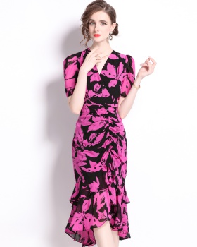 Chiffon summer printing lotus leaf edges dress