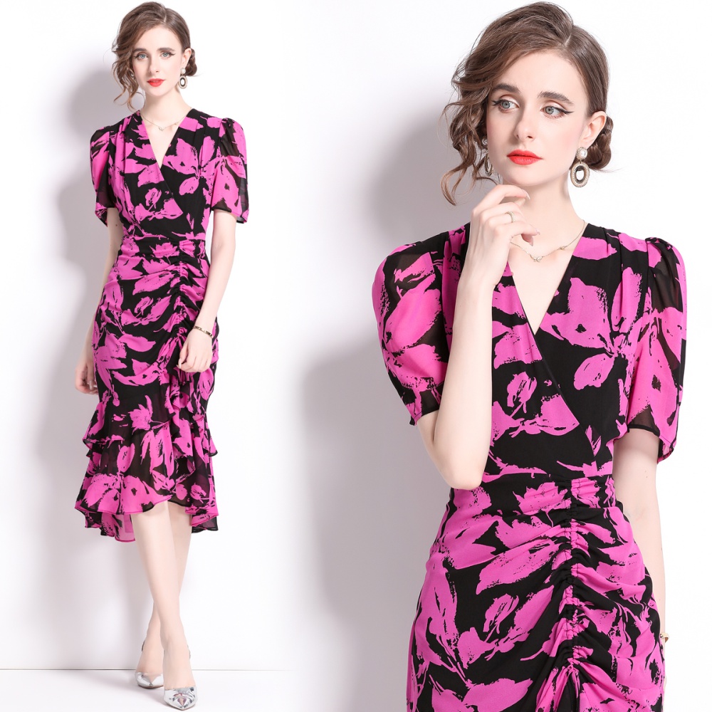 Chiffon summer printing lotus leaf edges dress