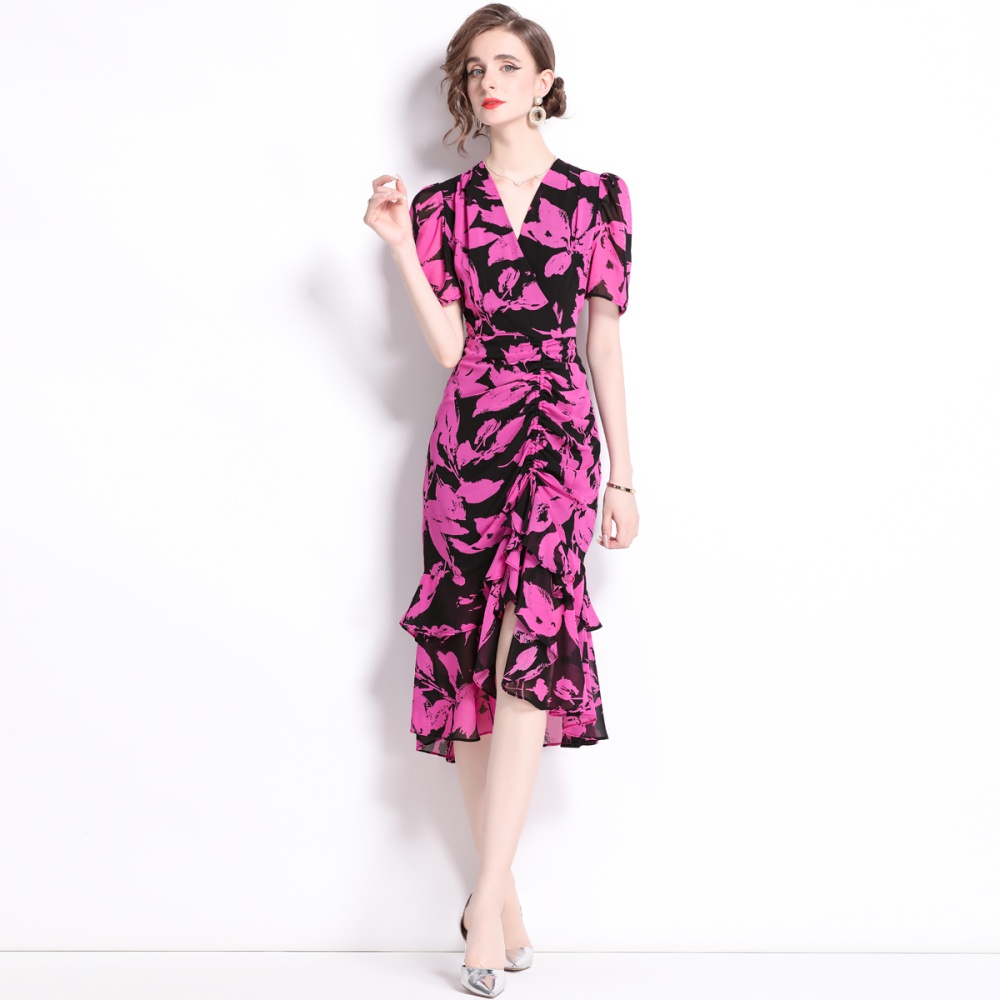 Chiffon summer printing lotus leaf edges dress