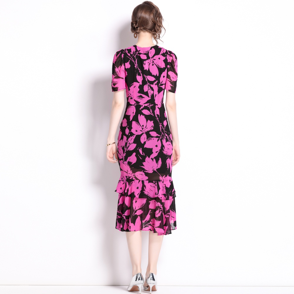 Chiffon summer printing lotus leaf edges dress