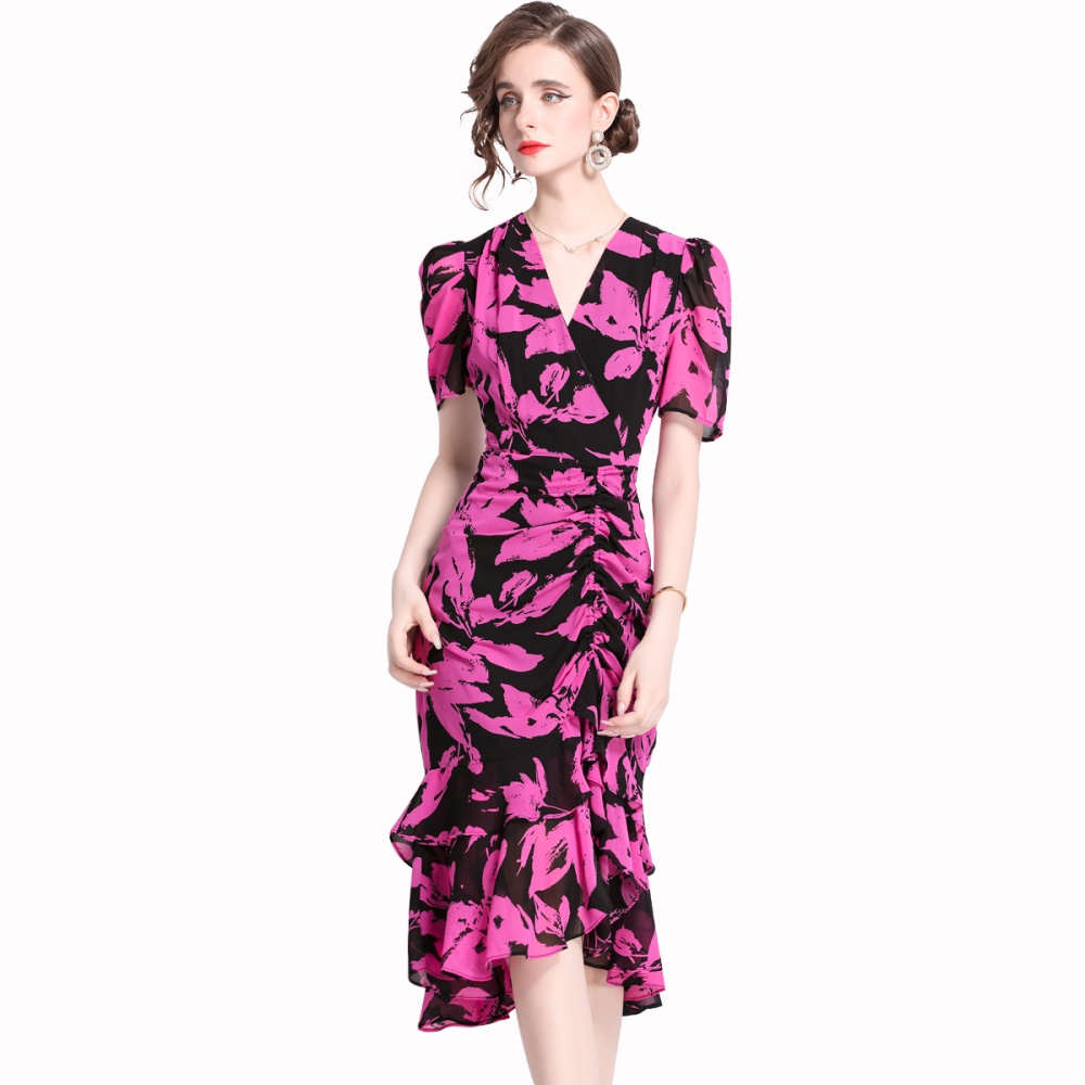 Chiffon summer printing lotus leaf edges dress