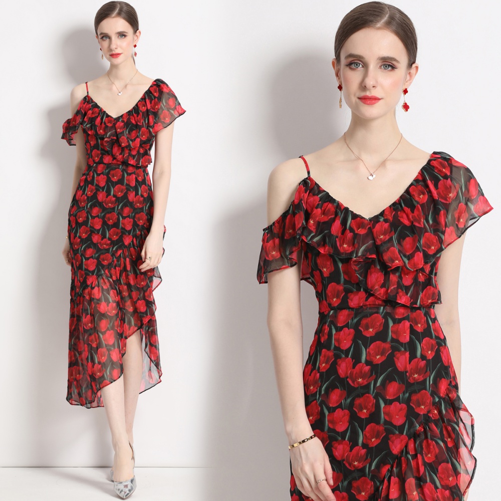 Irregular V-neck printing elegant temperament dress