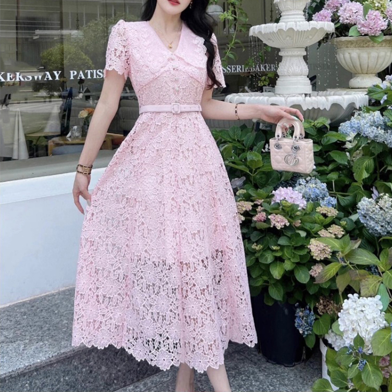 Doll collar lace frenum long dress elegant summer dress