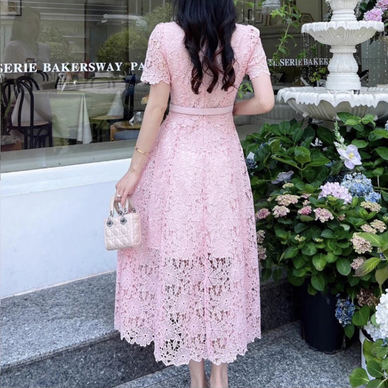 Doll collar lace frenum long dress elegant summer dress