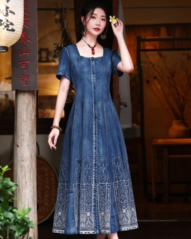 Embroidery denim long dress big skirt retro dress
