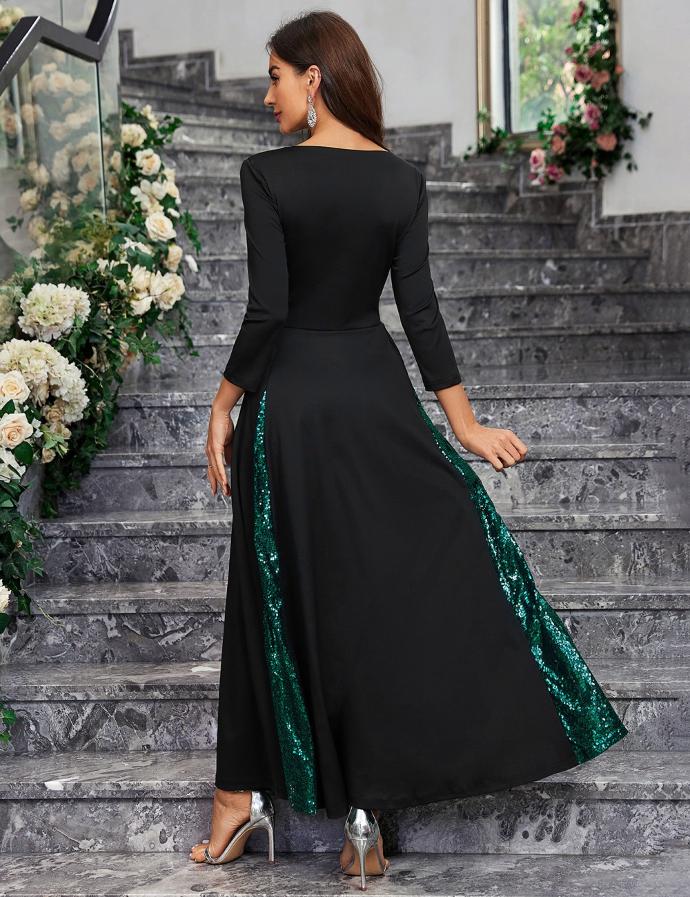 A-line pure sequins slim elegant V-neck dress for women