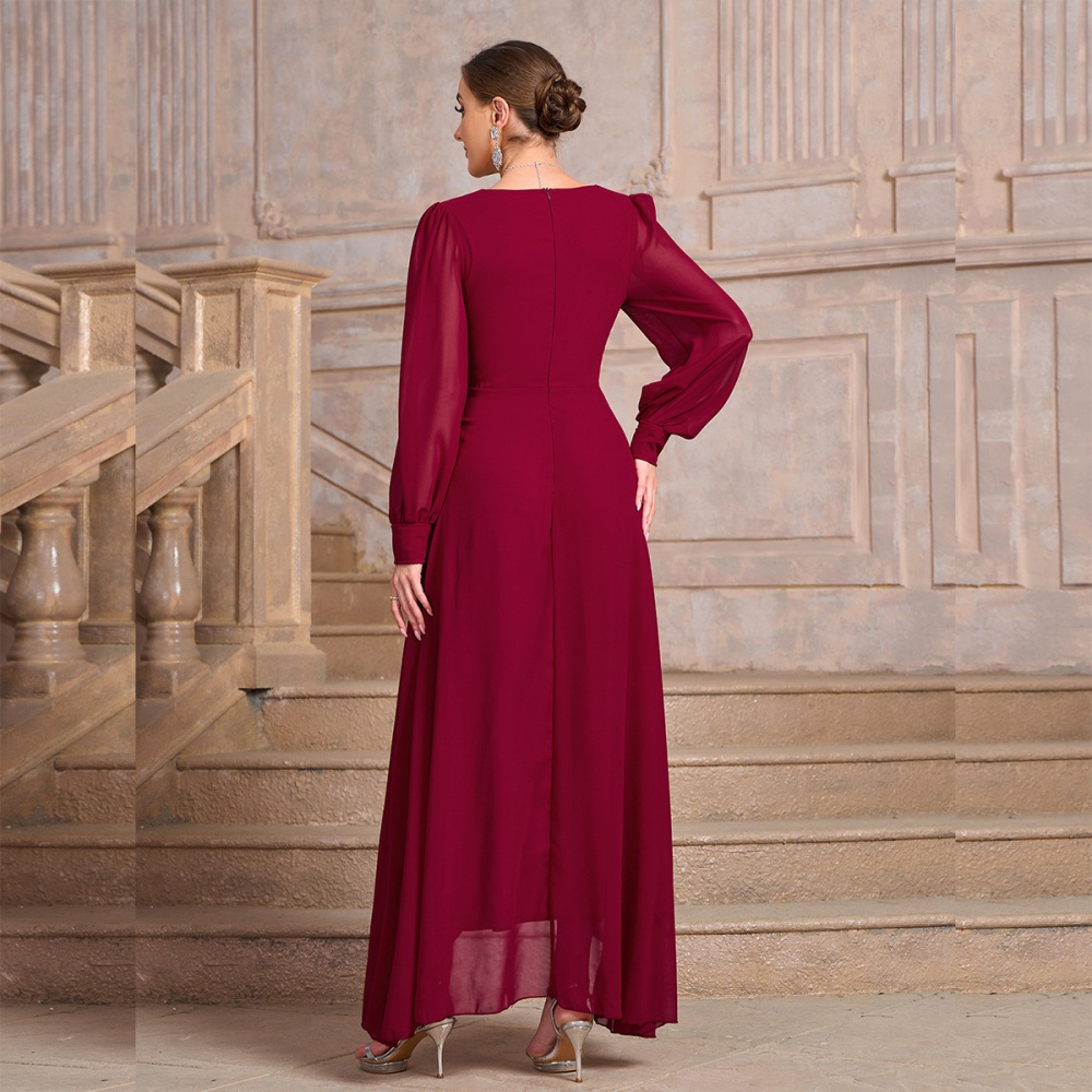 Skirt hem long sleeve pure elegant irregular V-neck dress