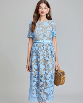 Temperament embroidery round neck short sleeve A-line lace dress