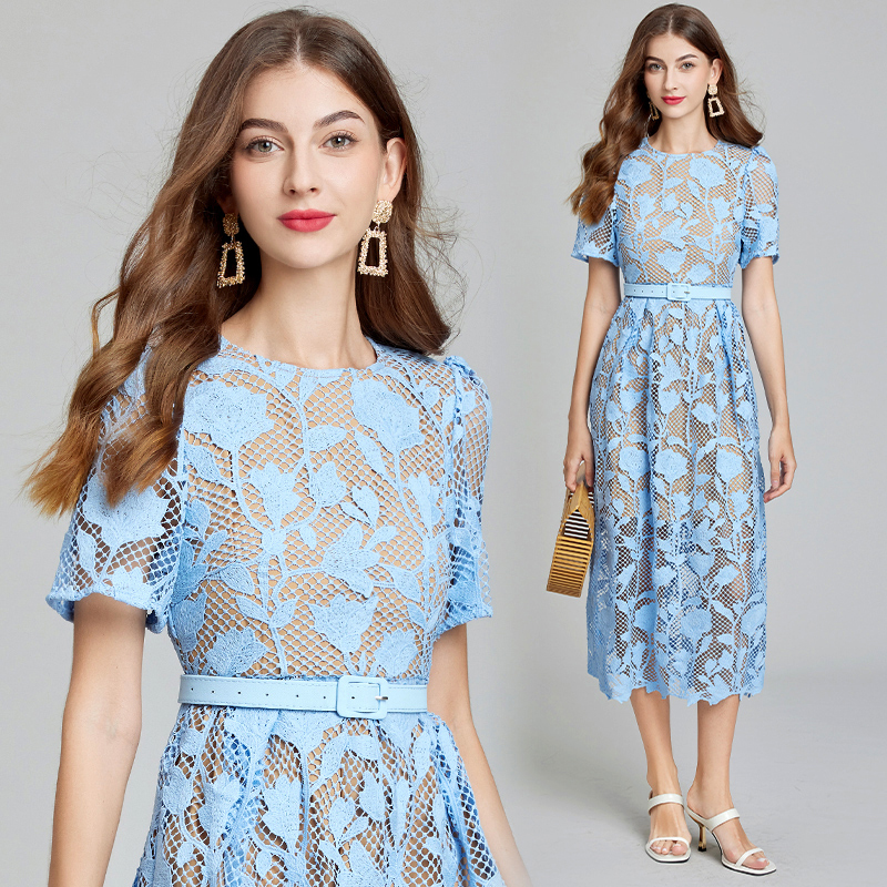 Temperament embroidery round neck short sleeve A-line lace dress
