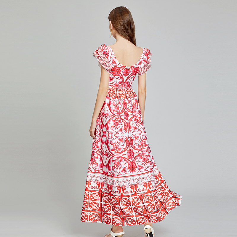 Slim V-neck printing A-line summer big skirt dress