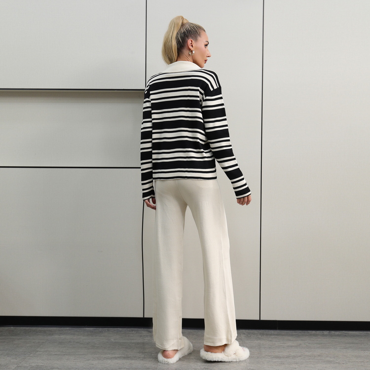 European style stripe all-match long pants 2pcs set